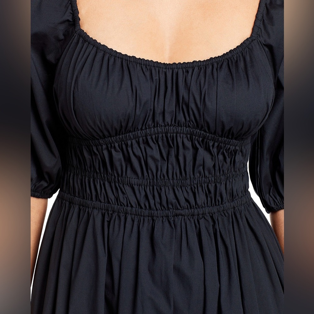 STAUD Black Puff Sleeve Maxi Dress – Smocked Empire Waist Cotton Poplin, Large - Picture 3 of 9